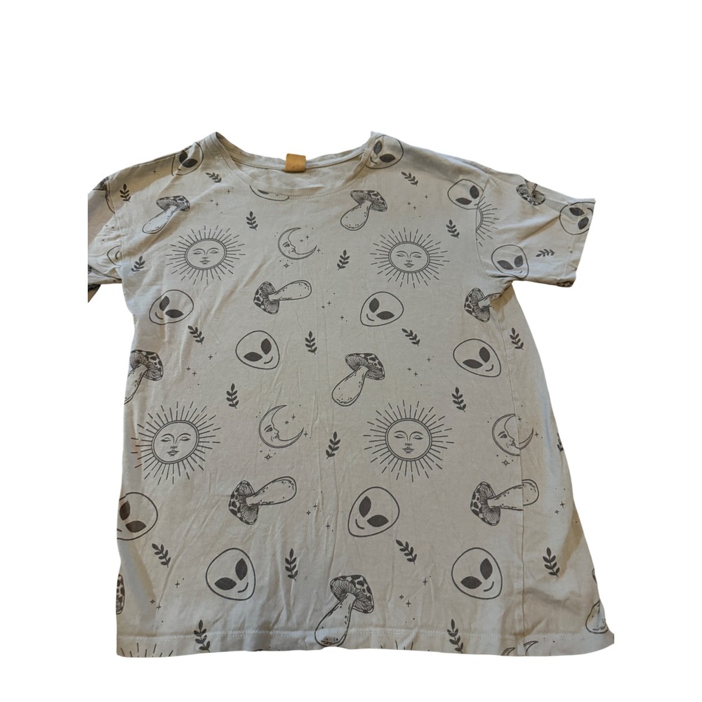 Vibe N Alien Mushroom Sun Moon Celestial Graphic T-Shirt Tan XS 100% Cotton